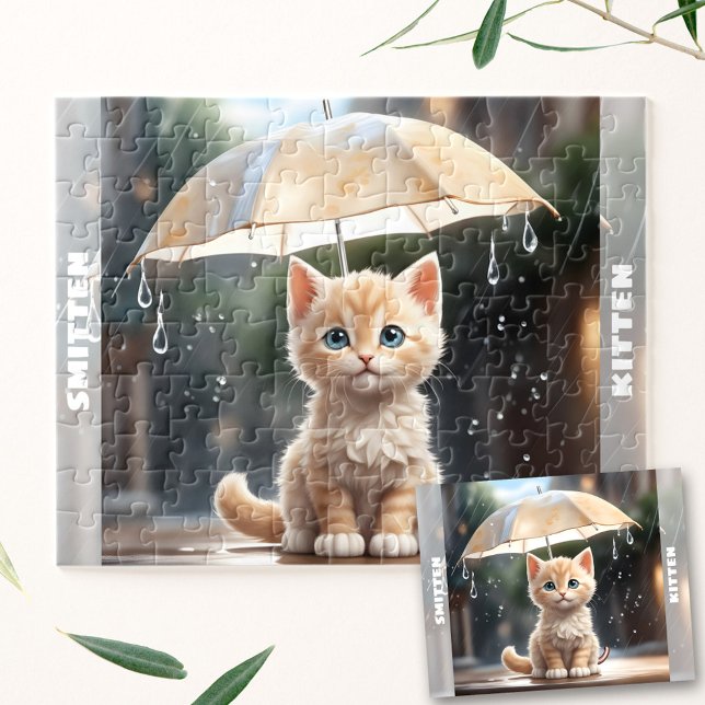 Puzzle Nombre personalizado del paraguas de la caída de l (Cute Kitten Cat Umbrella Fall Rain Custom Name Jigsaw Puzzle)