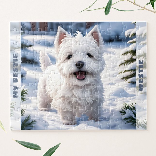 Puzzle Nombre personalizado del perro blanco lindo Westie (Cute White Dog Westie Winter Snow Custom Name Jigsaw Puzzle)