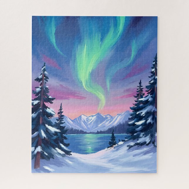 Puzzle Northern Lights | Mountains Winter Watercolor (Vertical)