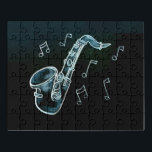 Puzzle Notas De Saxofón Y Música<br><div class="desc">moderno dibujo de estilo libre azul y negro en blanco de un saxofón con notas musicales. instrumento musical en negro y azul.</div>