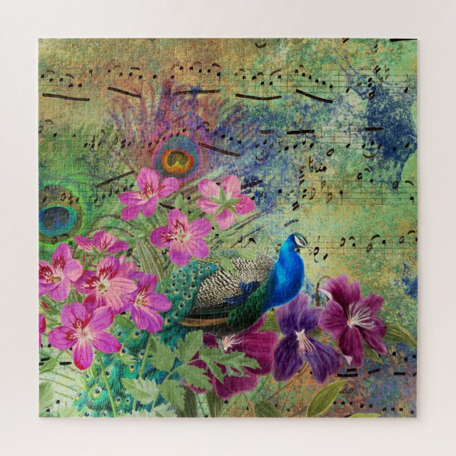 Puzzle Notas musicales de las flores rosadas del pavo rea (Vertical)