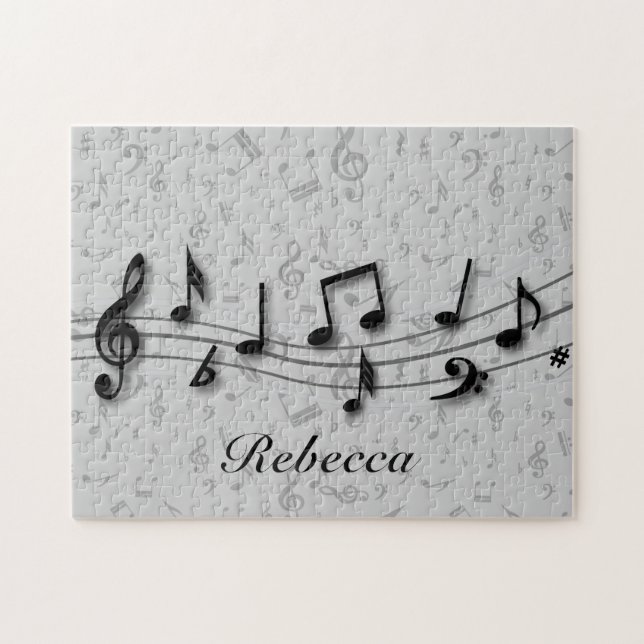 Puzzle Notas musicales en negro y gris personalizadas (Horizontal)