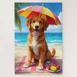 Puzzle Nova Scotia Duck Tolling Retriever Beach Scene<br><div class="desc">A cheerful Nova Scotia Duck Tolling Retriever enjoying a bright beach setting with tropical fruits and ocean views. The painterly style creates a lively and inviting coastal atmosphere.</div>