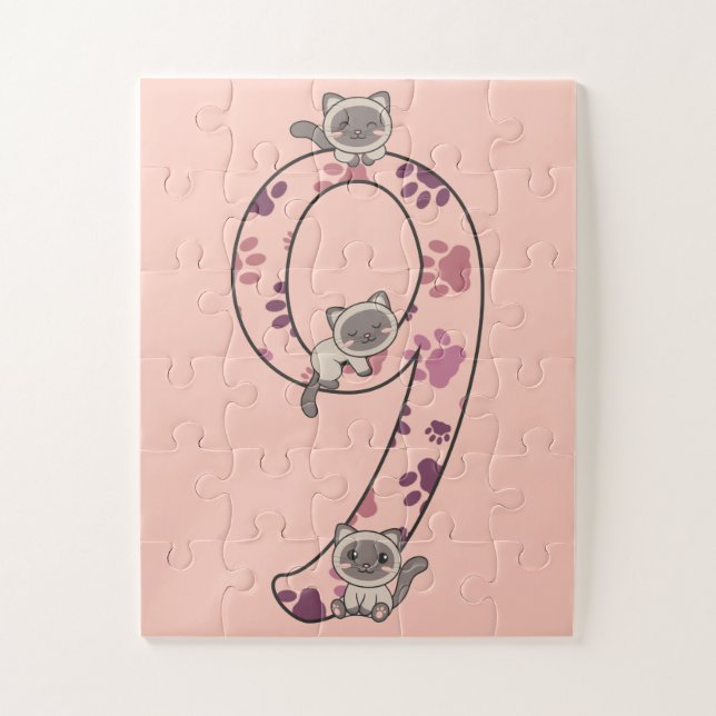 Puzzle Noveno Cumpleaños Del Gato Siamés Para Niños Gatos (Vertical)
