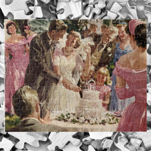 Puzzle Novia y novio recién casados en boda vintage corta