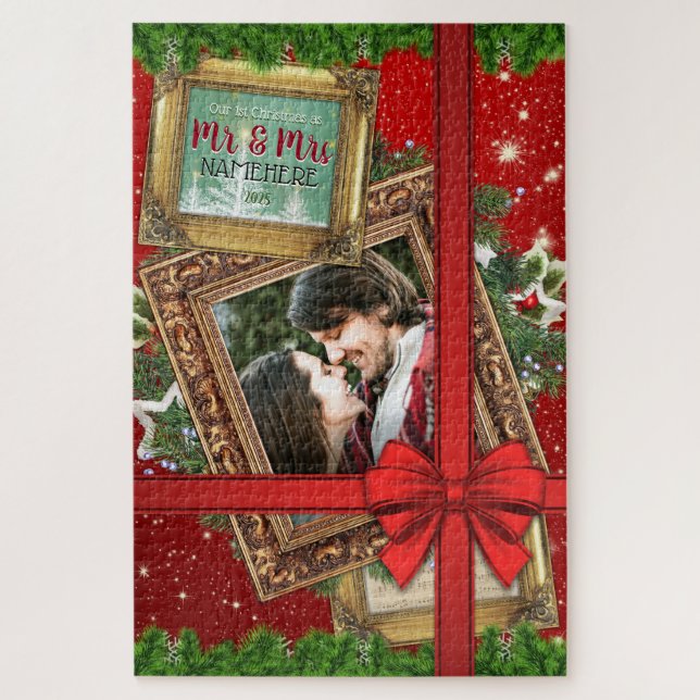 Puzzle Nuestra primera Navidad como Mr. y Mrs. Gold Frame (Vertical)