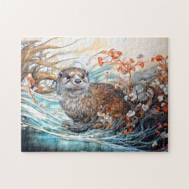 Puzzle Nutria juguetona en estanque con reflejos (Horizontal)