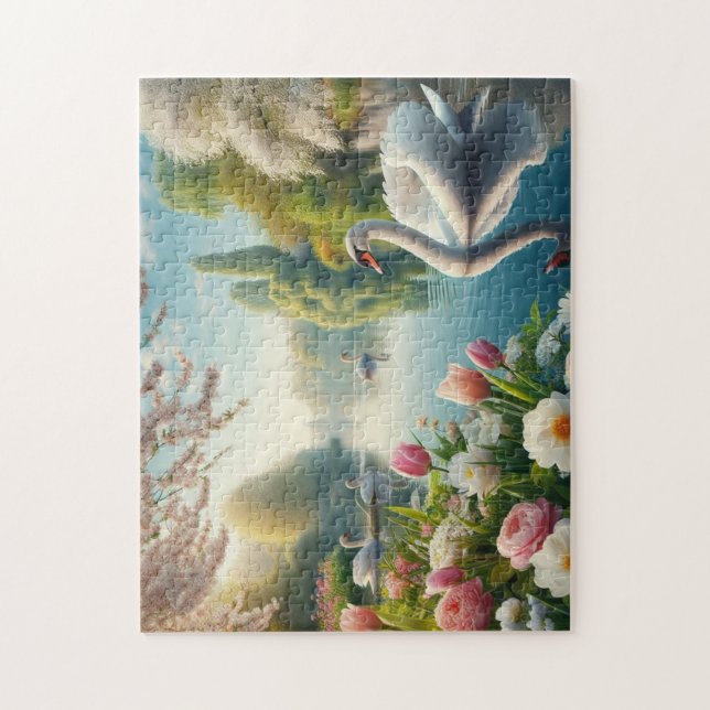 Puzzle Obra artística de primavera de lagos de cisne flor (Vertical)