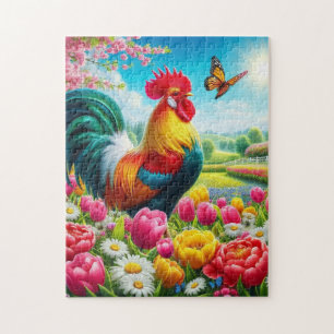 Puzzle Obra de arte de gallos/gallos/gallinas con flores/