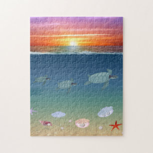 Puzzle Ocean Sunrise, tortugas marinas, estrellas, concha