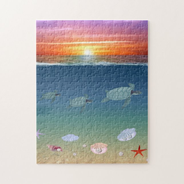 Puzzle Ocean Sunrise, tortugas marinas, estrellas, concha (Vertical)