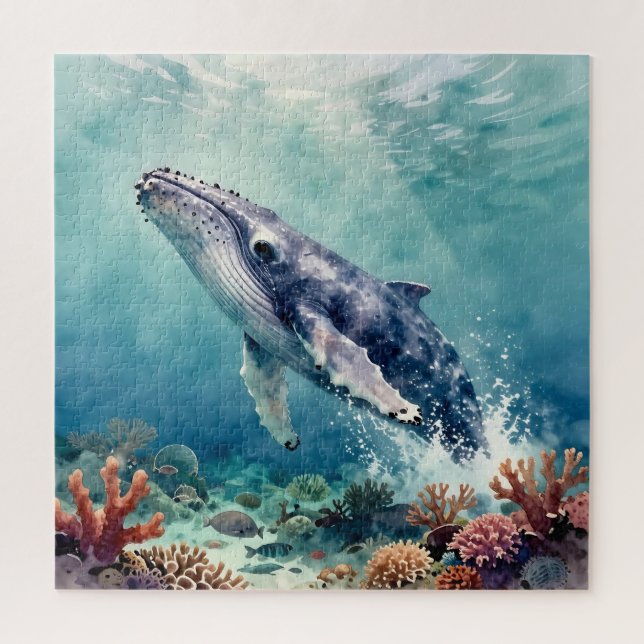 Puzzle Oceanic Blue Whale Watercolor Coastal Art (Vertical)