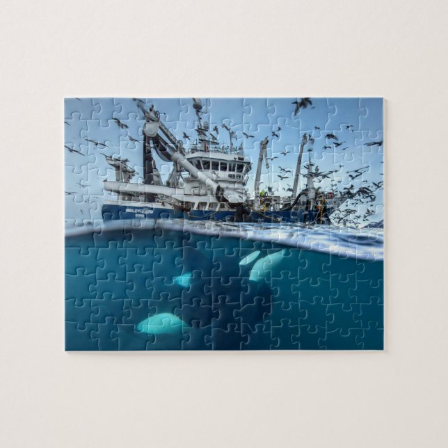 Puzzle Océano de barco de pesca comercial de ballena con  (Horizontal)