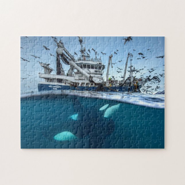 Puzzle Océano de barco de pesca comercial de ballena con  (Horizontal)