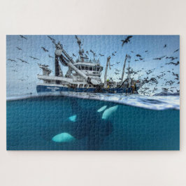 Puzzle Océano de barco de pesca comercial de ballena con 