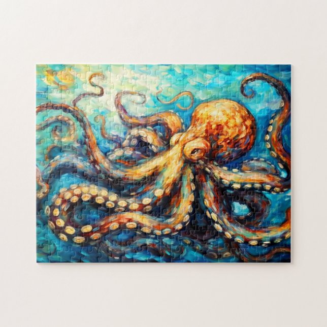 Puzzle Octopus in Swirling Ocean Oil Painting (Horizontal)