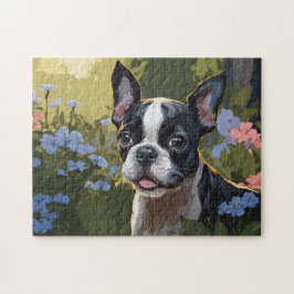 Puzzle Ocupación de Boston Terrier en el campo de las flo