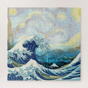 PUZZLE OLA DE KANAGAWA EN FONDO DE NOCHE ESTRELLADA