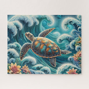 Puzzle Ola de océano azul turquesa con tortuga