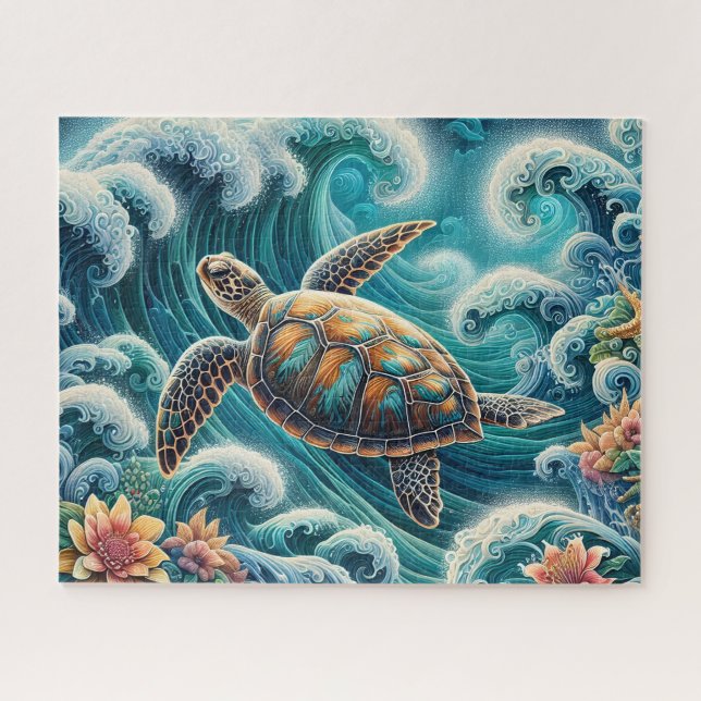 Puzzle Ola de océano azul turquesa con tortuga (Horizontal)