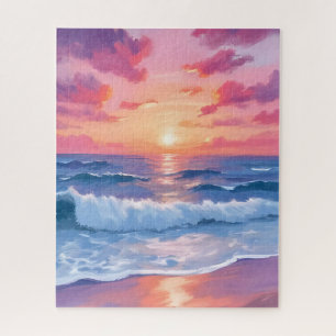 Puzzle Olas de océano rosadas puesta de sol acuarela