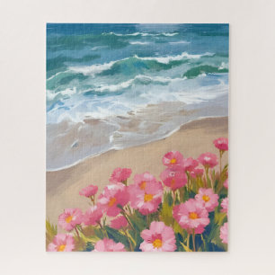 Puzzle Olas de Playa Acuarela Pintura Floral Rosa en la O