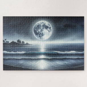 Puzzle Olas del océano iluminadas por la luna, cielo noct