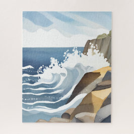 Puzzle Olas que rompen | Acuarela de costa rocosa