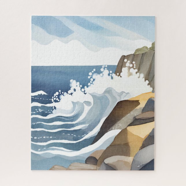 Puzzle Olas que rompen | Acuarela de costa rocosa (Vertical)