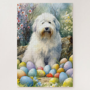 Puzzle Old English Sheepdog con huevos de Pascua