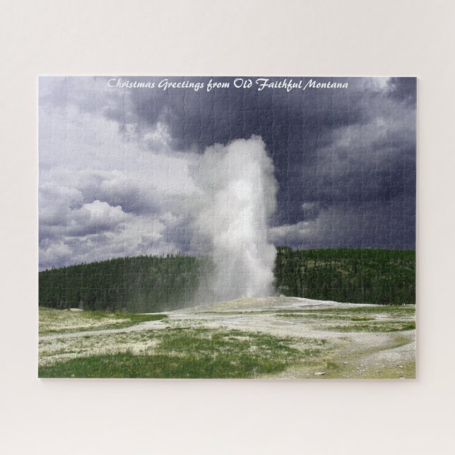 Puzzle Old Faithful Montana. Felicitaciones de Navidad (Horizontal)