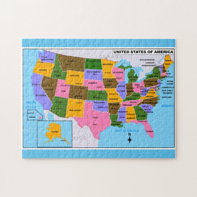 Puzzle OLD USA Map con las capitales estatales y el Golfo (Horizontal)