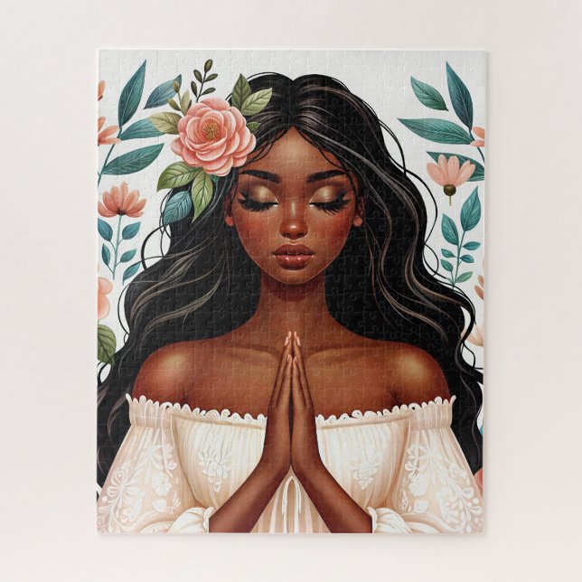 Puzzle Orando por el arte floral de una mujer afroamerica (Vertical)