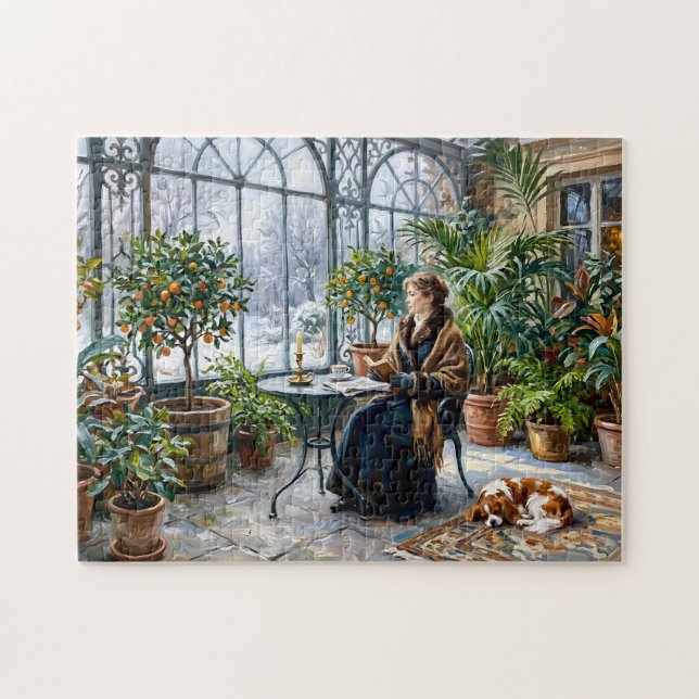 Puzzle Orangerie acogedor de invierno con Cavalier Spanie (Horizontal)
