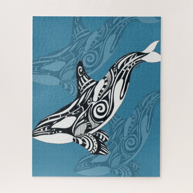 Puzzle Orca Killer Whale Tlingit Indigo Blue ink (Vertical)