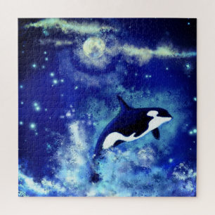 Puzzle Orca nadando bajo la luna llena - Hermoso