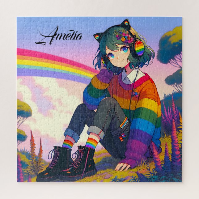 Puzzle Orgullo lésbico de Chica anime LGBTQIA+ (Vertical)