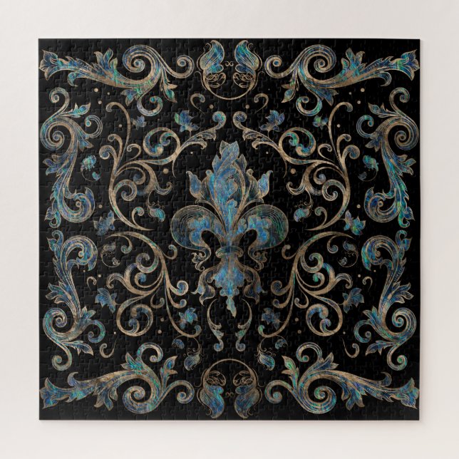 Puzzle Ornamento Fleur-de-lis Abalone Shell y Gold (Vertical)