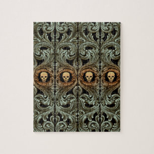 Puzzle Ornamento verde sabio del gótico con cráneo