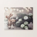 Puzzle Ornamentos de árbol de Navidad<br><div class="desc">Encantador rompecabezas de Navidades verdes,  adornos navideños y portavelas de reno.</div>