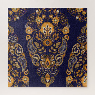 Puzzle Oro y azul, floral sin costuras.