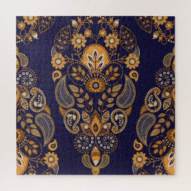 Puzzle Oro y azul, floral sin costuras. (Vertical)