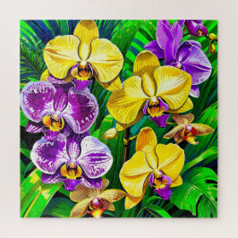 Puzzle orquídeas amarillas y violetas profundas
