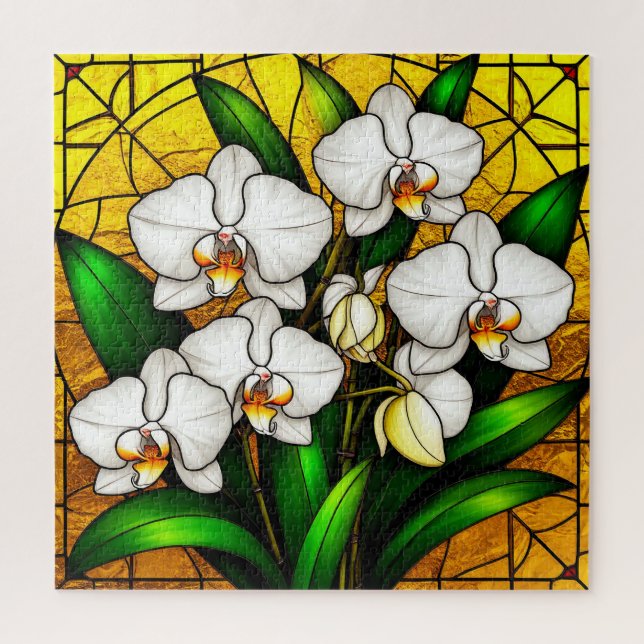 Puzzle Orquídeas Blancas Elegantes de Vidrio Pintado (Vertical)