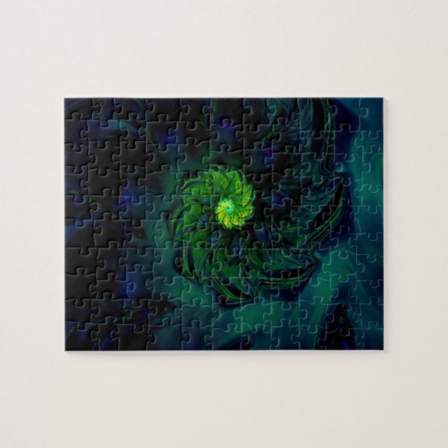 Puzzle Oscuridad | Arte fractal azul y verde (Horizontal)