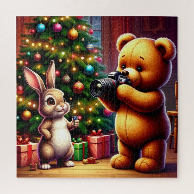 Puzzle Oso Adorable y Conejo Capturando la Navidad (Vertical)