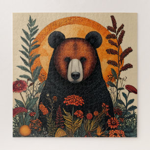 Puzzle Oso artístico entre flores botánicas vibrantes