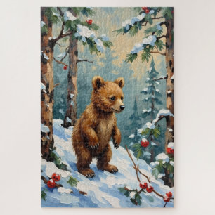 Puzzle Oso Cachorro Antiguo en Navidad de Bosque de Pinos