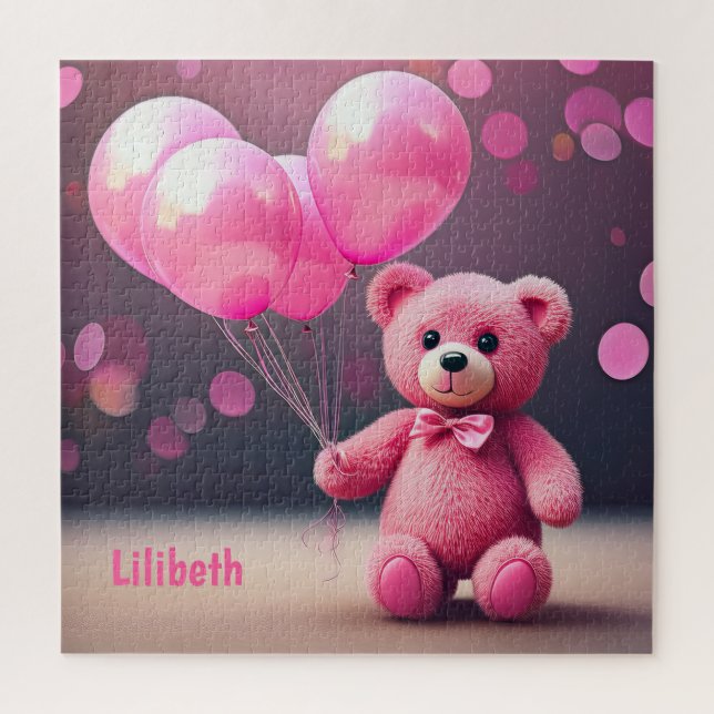 Puzzle Oso de globo de cumpleaños en rosa personalizado (Vertical)