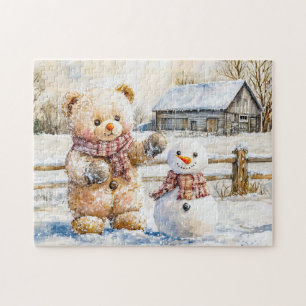 Puzzle Oso de peluche construyendo un muñeco de nieve